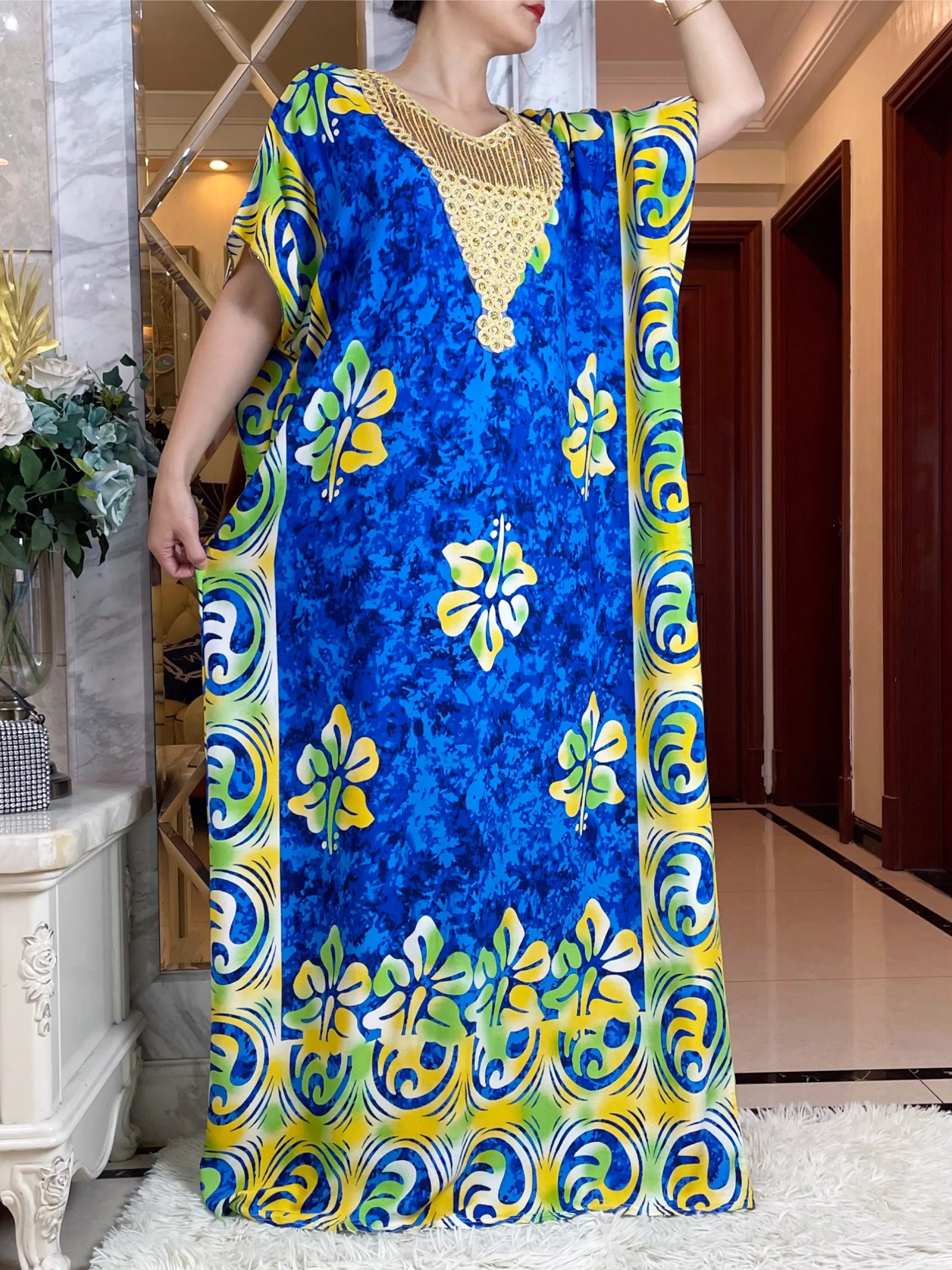 2024 Dubai Muslim Cotton Dress With Big Scarf For Women Loose Maxi  Robe Femme Musulmane African Summer Printing Floral Abaya