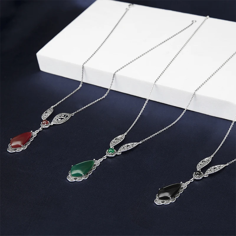 Jade Angel Sterling Silver 925 Multi-colored Drop-shaped Chalcedony Necklaces for Women Marcasite Pendants Vintage Fine Jewelry