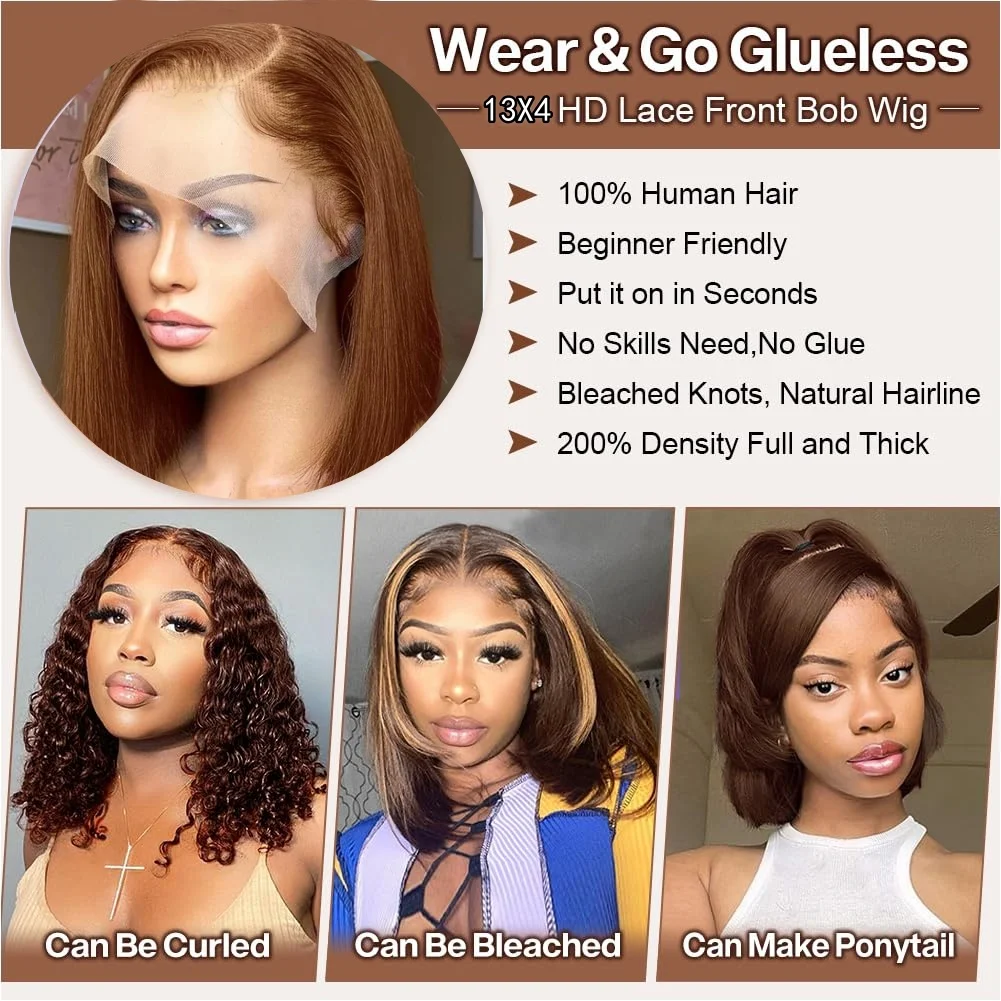 BSGN Chocolate Bob Wigs 220% 13X4 HD Transparent Lace Frontal Wigs Human Hair 100% Human Hair For Woman Pre Plucked Glueless Wig image 4