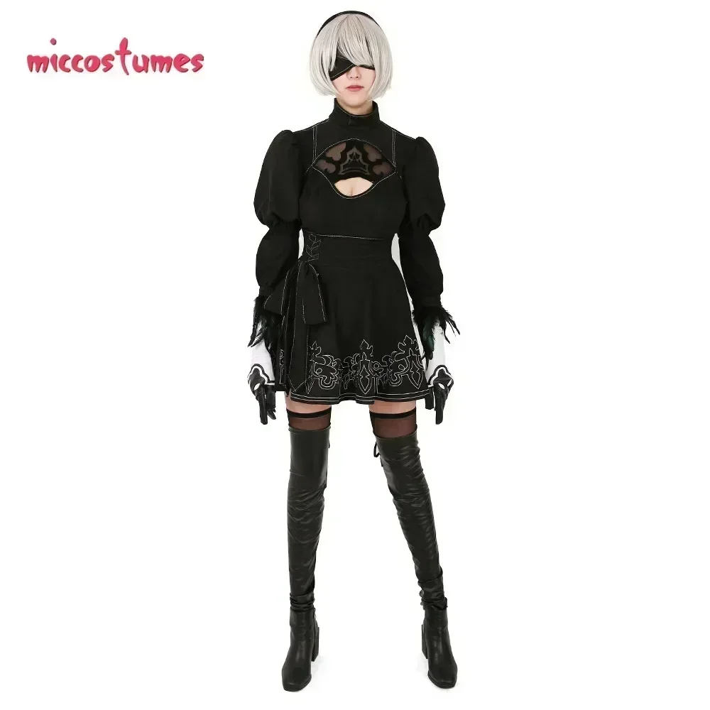 Miccostumes feminino 2B fantasia cosplay saia collant com faixa de cabelo leggings e peruca