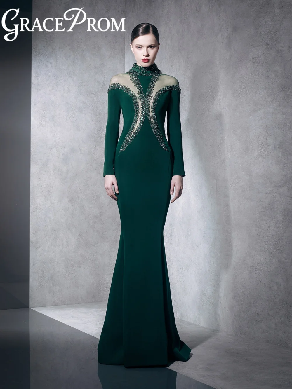 Robe de soirée longue en Satin vert perlé, robe de soirée formelle de sirène gracieuse, personnalisée, col haut, robes de Banquet, 2026