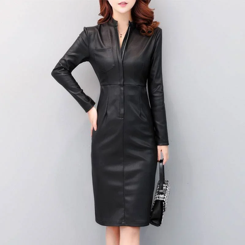 2024 Fall Winter Plus Size Velvet Dress Korea Fashion Women Sexy Knee-length Dress Long Sleeve Zip Pu Leather Bodycon Dress