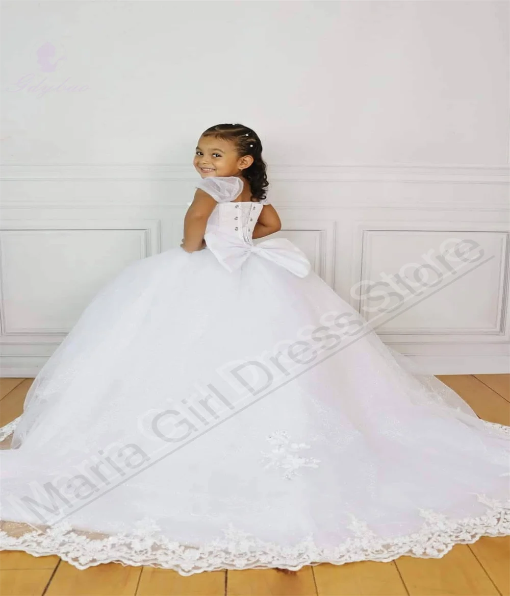 Robe blanche élégante à fleurs pour filles, adaptée aux mariages, avec des appliques en dentelle dorée, longue traîne, tenue d'anniversaire pour enfants