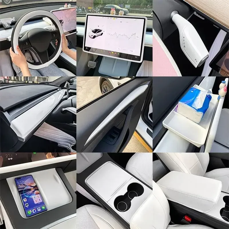 

For Tesla Model 3/Y White Interior Center Console Storage Box 2021-2023 Steering Wheel Cover Screen Protection Accessory
