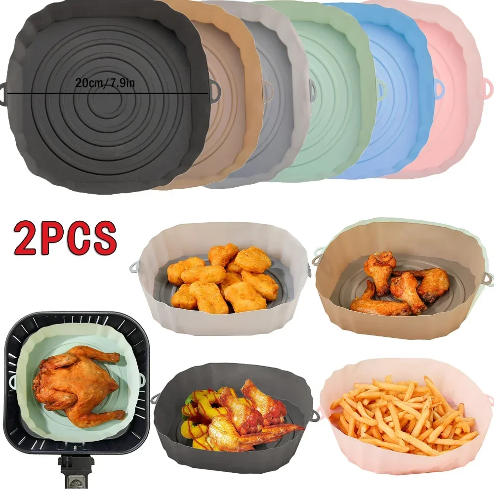 

2pcs Air Fryer Pan Silicone Basket Airfryer Oven Baking Silicone Tray Reusable Airfryer Pot Pan Liner Mold Pizza Fried Chicken