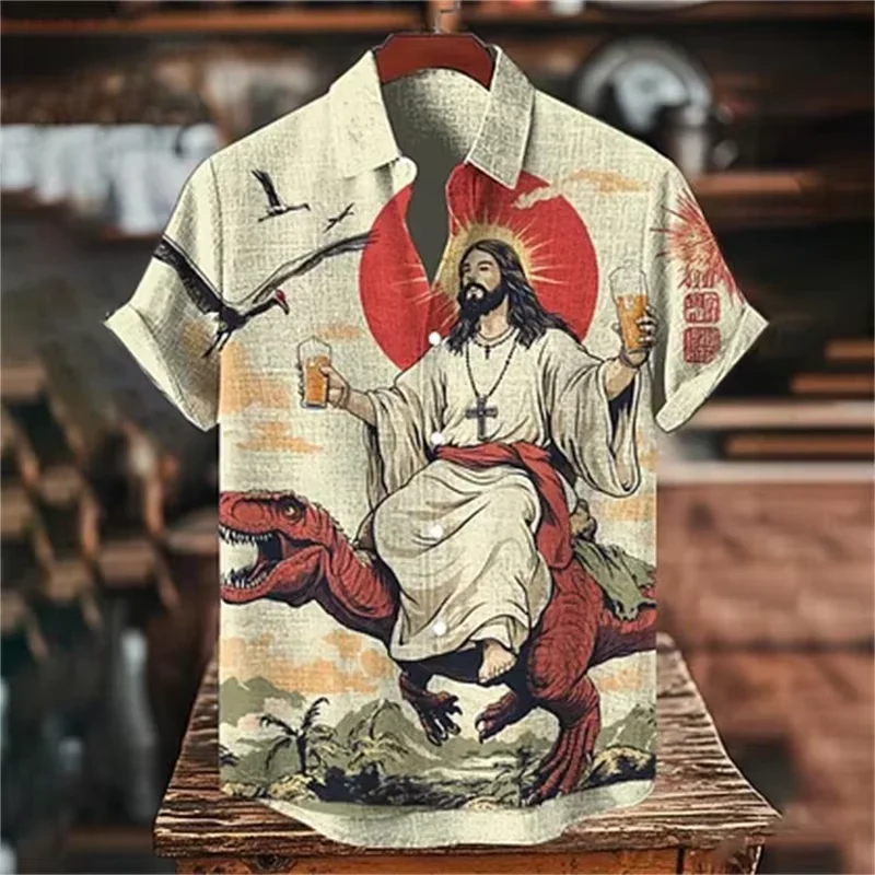 

Мужские рубашки с коротким рукавом, забавные винтажные рубашки с изображением Иисуса, езды на динозавра, держит пиво, гавайская блузка, модные дышащие топы на пуговицах