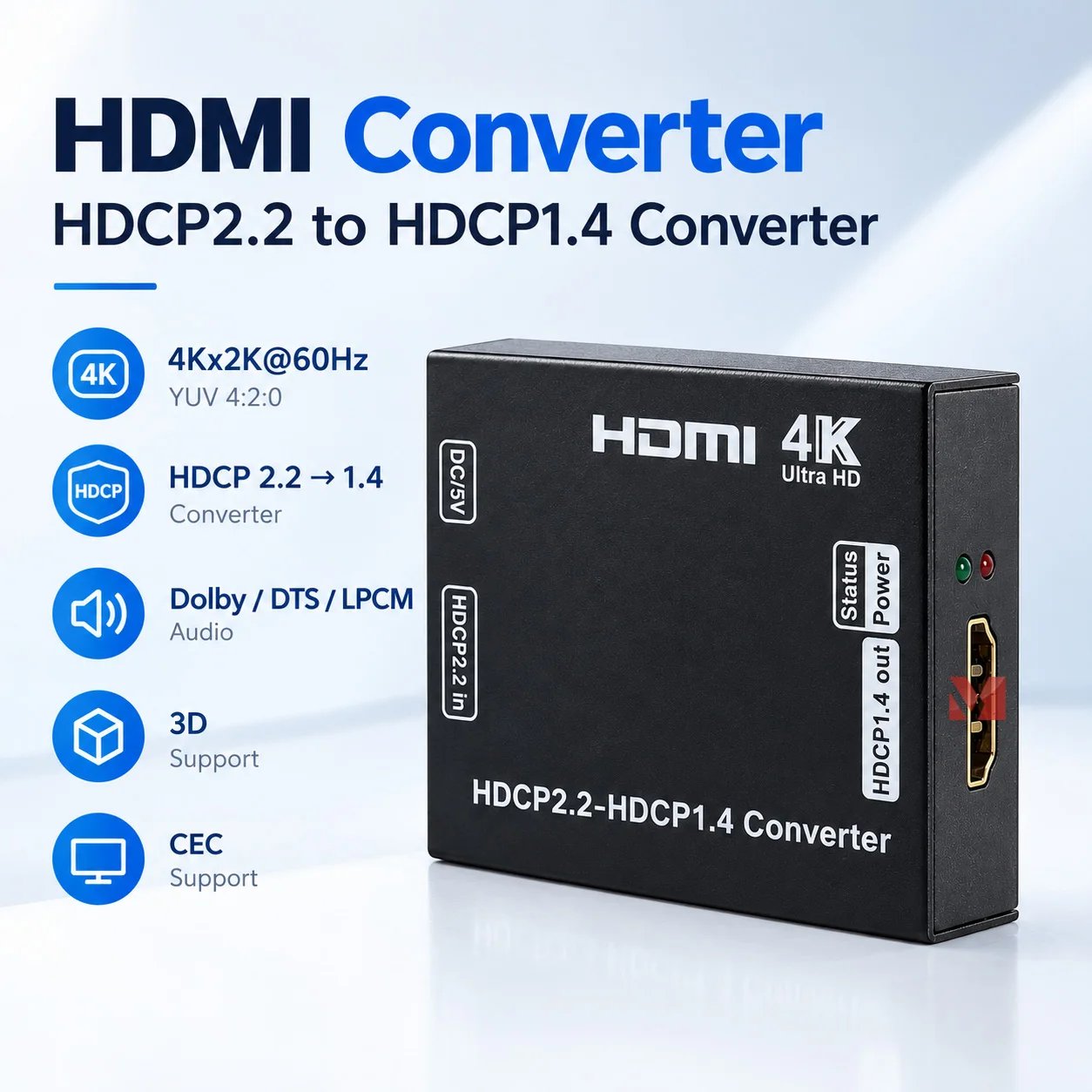 HDMI Converter HDCP2.2 to HDCP1.4 4K60Hz 3D CEC HDMI Converter YUV4:2:0 Audio Video Signal Converter for 4K TV