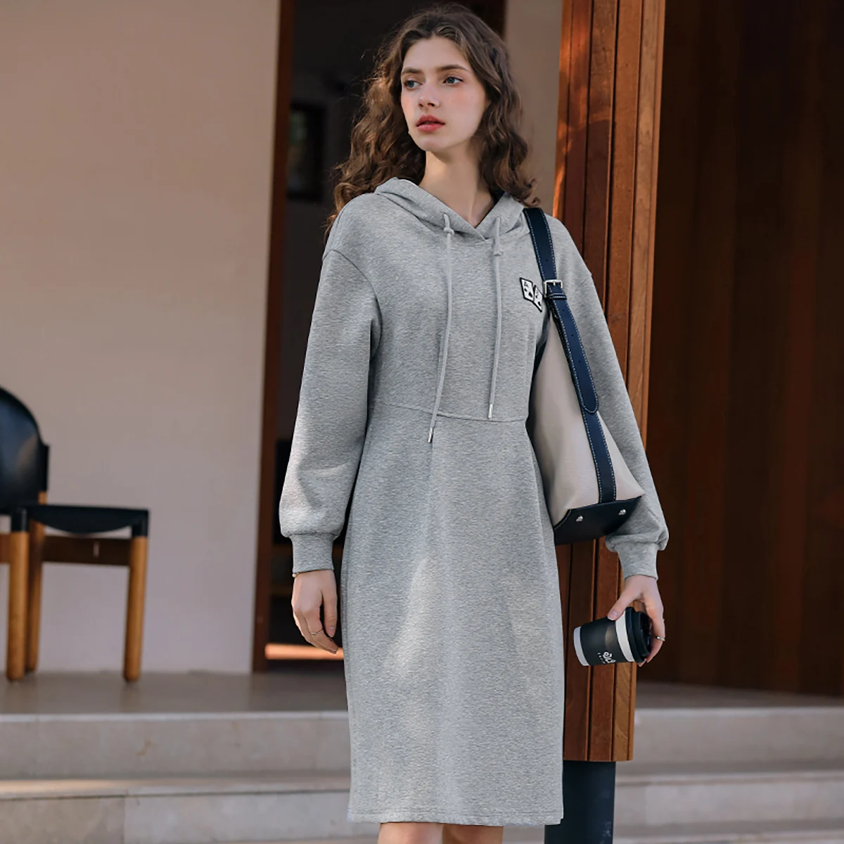 OLrain Women's Sweatshirt Dress 2026 Spring Fall Grey Casual Hooded Knitted Dress Embroidery Designer Lazy Long Dress O24CL8938