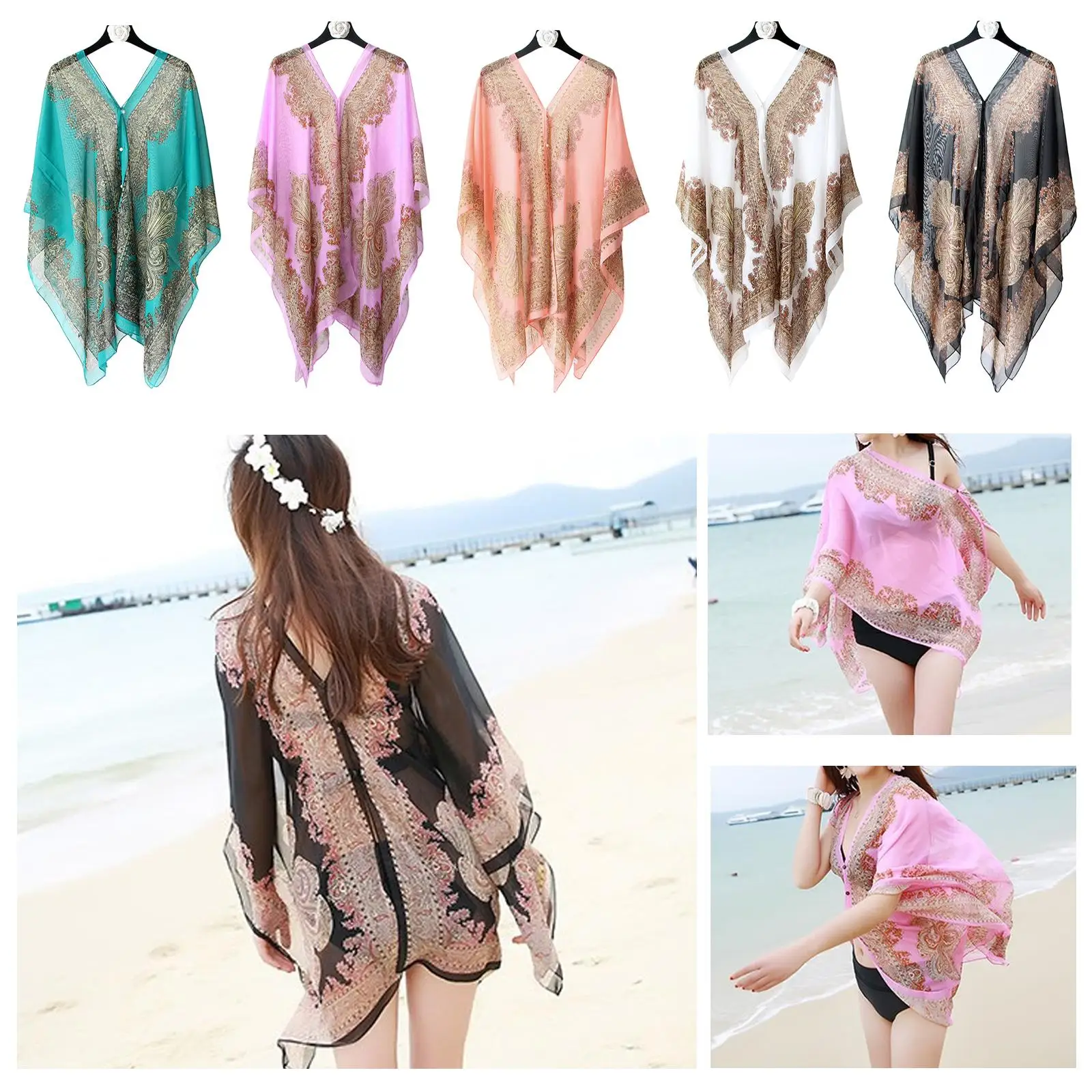 Women Beach Cover Up Poncho Summer Beach Bikini Cover Up Loose Chiffon Blouse Shawl Scarf With Button Swimwear Kaftan
