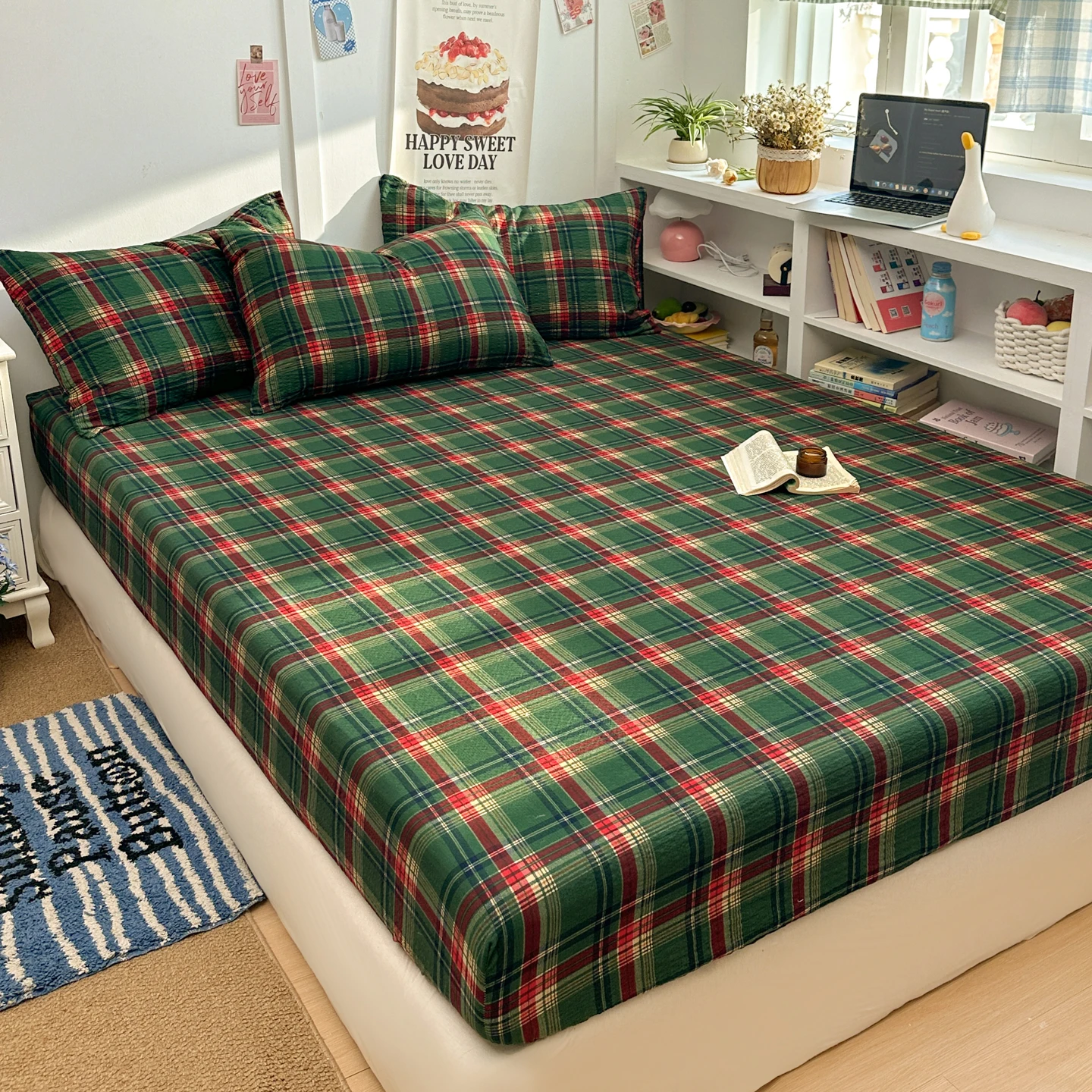 Checkered Printed Fitted Bed Sheet sabana para cama Single/Twin/Queen Size Skin-friendly Fitted Sheet Puff Gauze roupa de cama