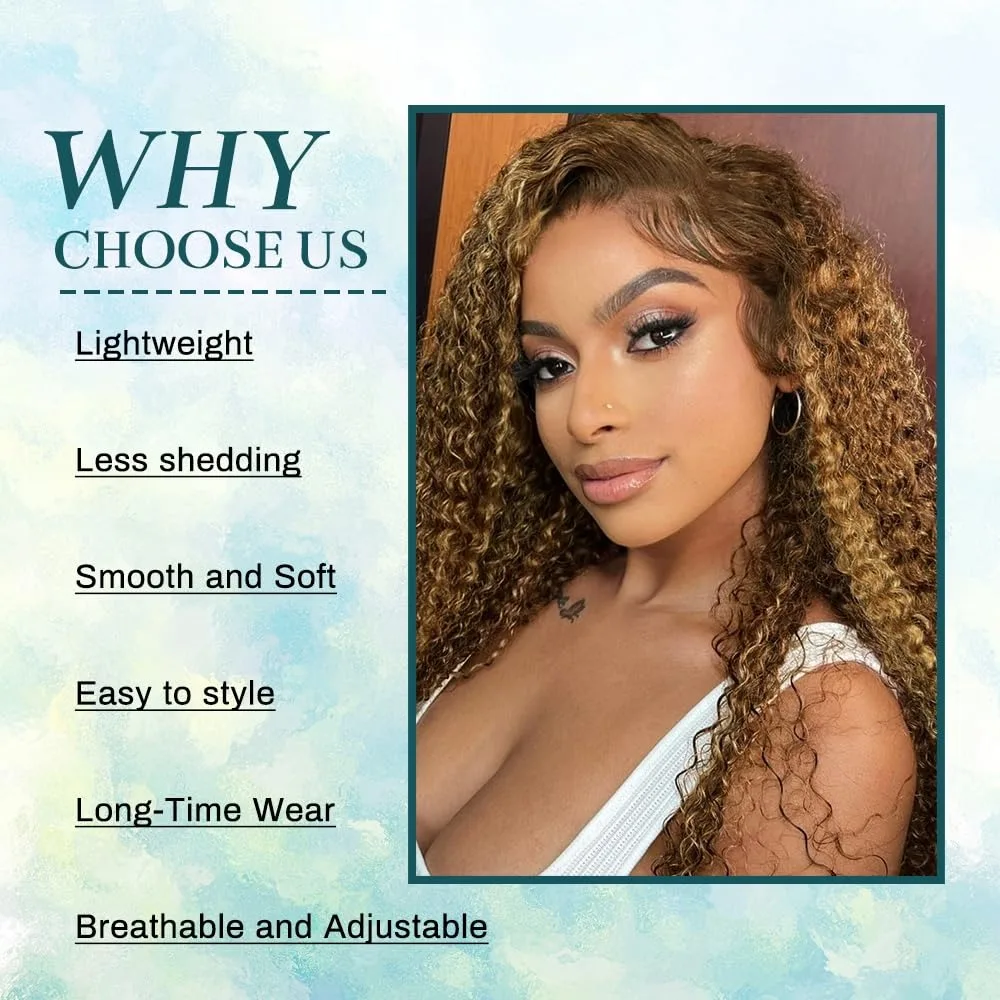 Honey Blonde Ombre Highlight Lace Front Wig Human Hair 13x4 Deep Wave HD Lace Curly WIG image 5