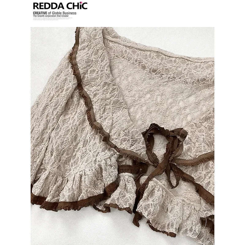 American Vintage Sunscreen Short Cardigan Jacket Maillard Lace Montage Irregular Tops Two-piece Set Tunic Clothes Suspenders