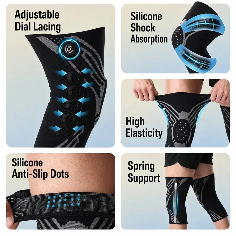 Intelligente Kniebandage mit Drehknopf, Patella-Gelkissen, Seitenstabilisator, Kompressionsunterstützung, Gelenkschmerzlinderung, Regeneration, für Heimfitness, Einzelstück – Detail 8