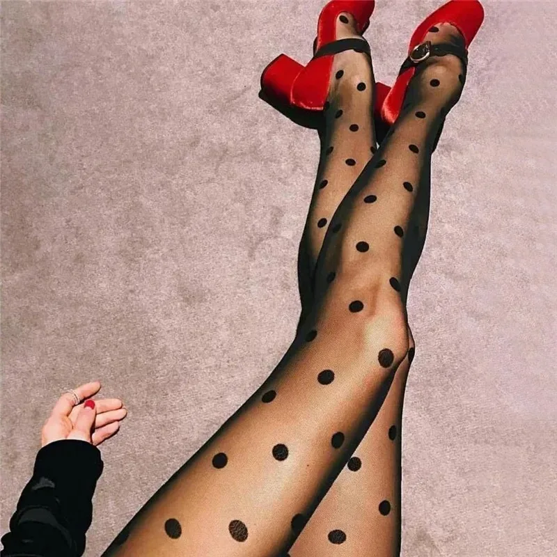 Polka dot print meia feminina sexy collants fishnet malha sem costura meia-calça náilon preto branco boate feminino senhoras meias de seda