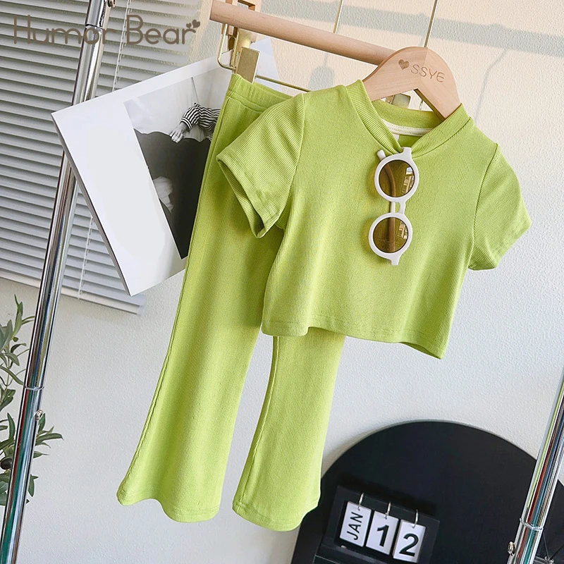 

Humor Bear Korean Simple Style Solid Color Suit Short Sleeve Top+ Casual Bell-bottomed Pants Kids' Clothing for 2-6Y