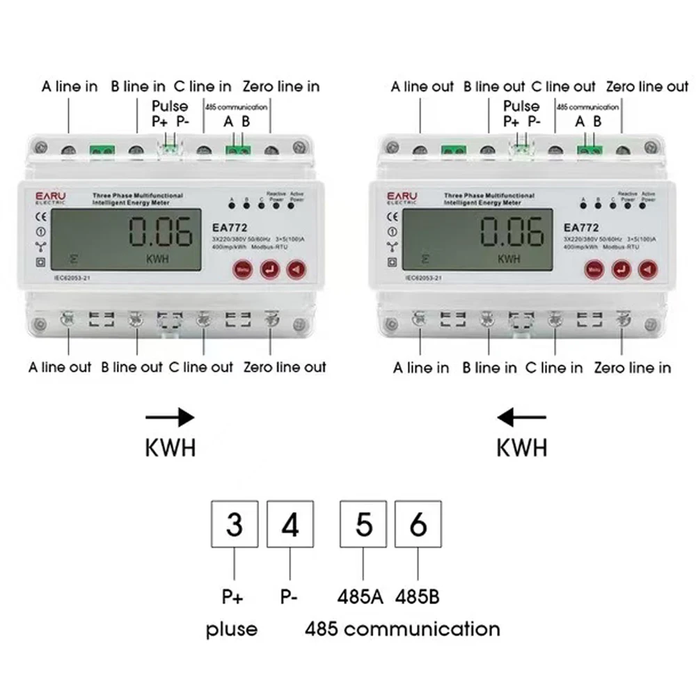 3 Phase Multifunction Smart Electronic Bidirectional Energy Power Over Under Current Voltage kWh Meter with RS485 Communication