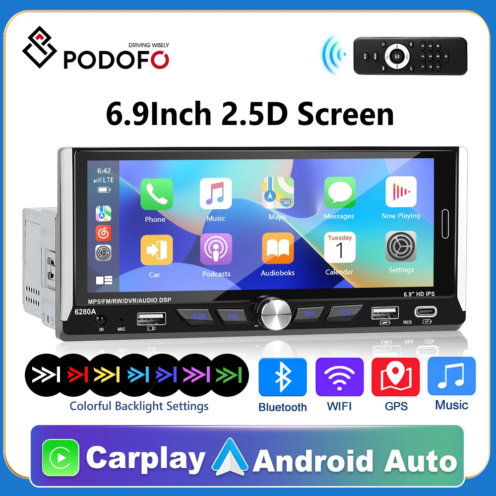 Podofo Android 1 Din GPS Car Stereo Carplay Radio MP5 Player 6.9