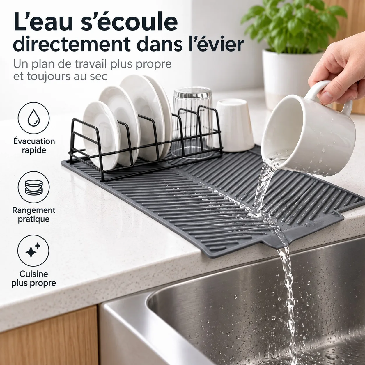 Escurridor de platos 2 en 1 con base de silicona y soporte de metal, 43 x 33 cm, sistema de drenaje automático para el fregadero de la cocina, organizador de platos.