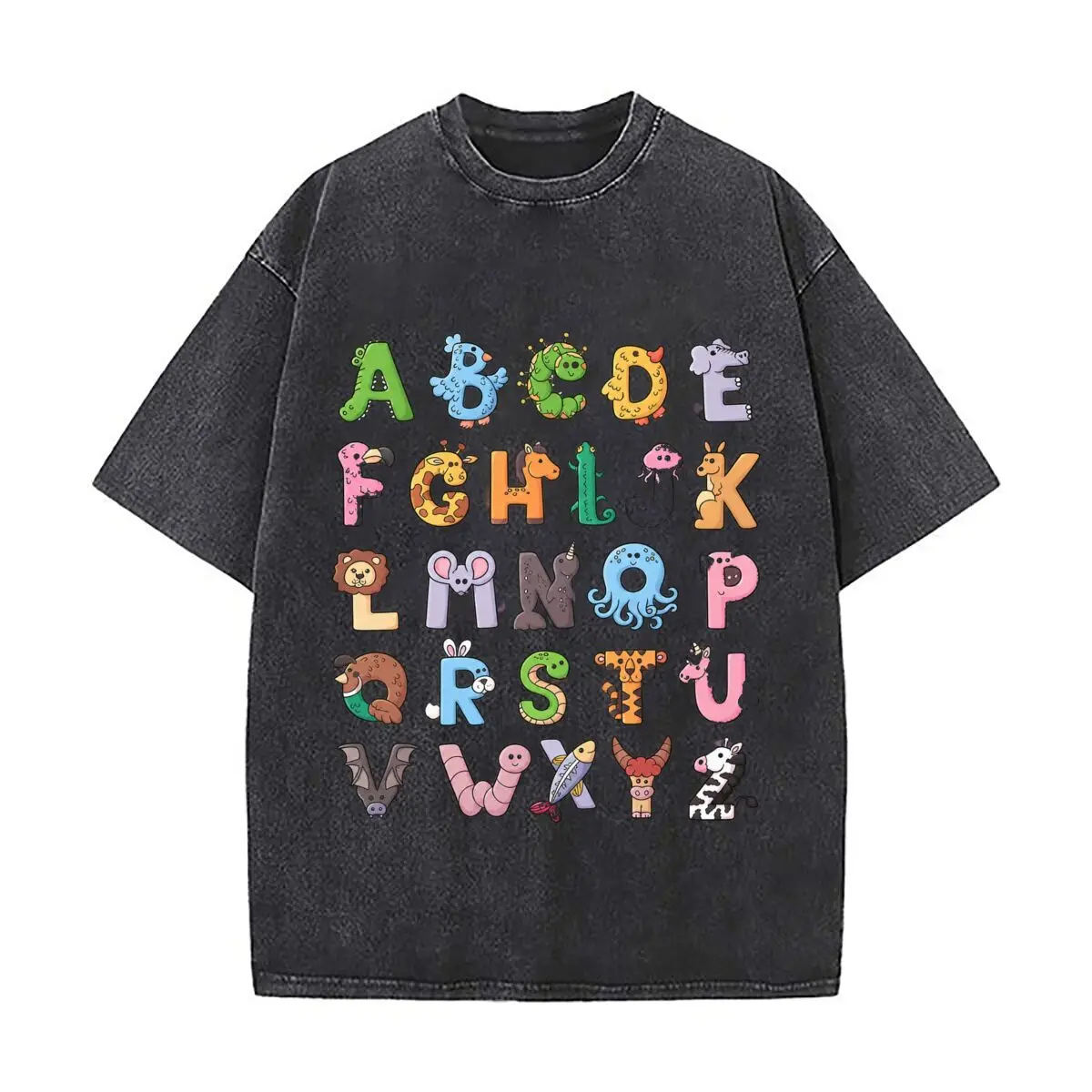 Cute Animal Alphabet A To Z Learning Illustration Distressed Vintage Oversized Streetwear Tops for Coffee Dates