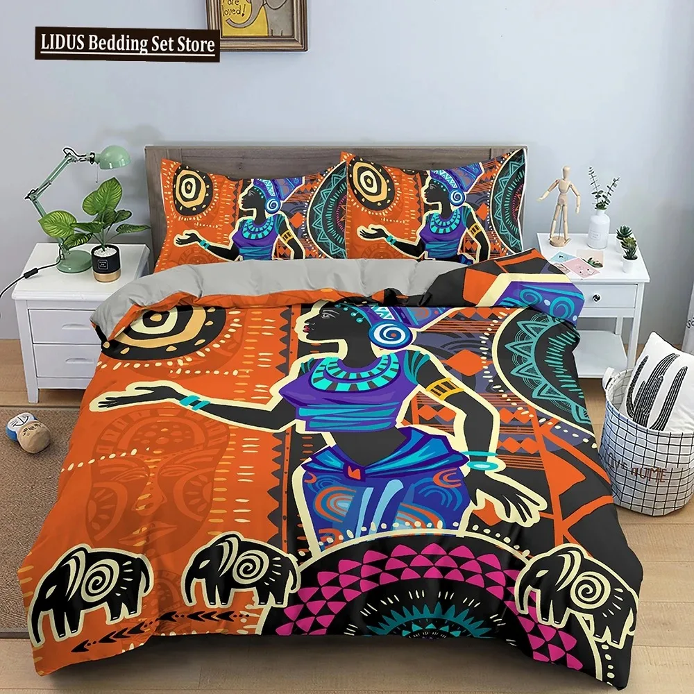 

Ethnic Duvet Cover Set African Woman Elephant Bohemian Theme Comforter Cover King Queen Size For Kid Women Polyester Bedding Set