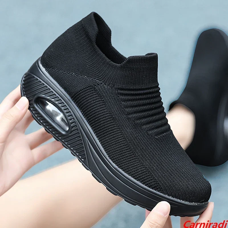 New Style Socks Flying Weave Big Size 35-42 Walking Shoes Women Breathable Casual Sneakers Ladies Slip-on Wedges Loafers Shoes