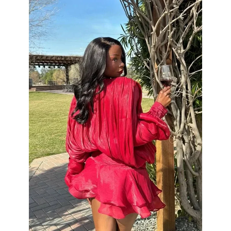 JIN Elegante Rosso Lace Up Ruffles Mini Abito da Donna O Collo Lanterna Manica Lunga Pieghettato Abiti Allentati Lady New Chic Abiti in Chiffon