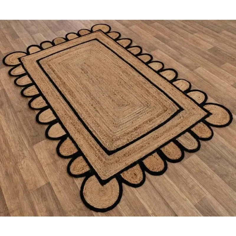 Scalloped Rug 100% Natural Jute Braided Style Carpet Modern Rustic Look Area Rug