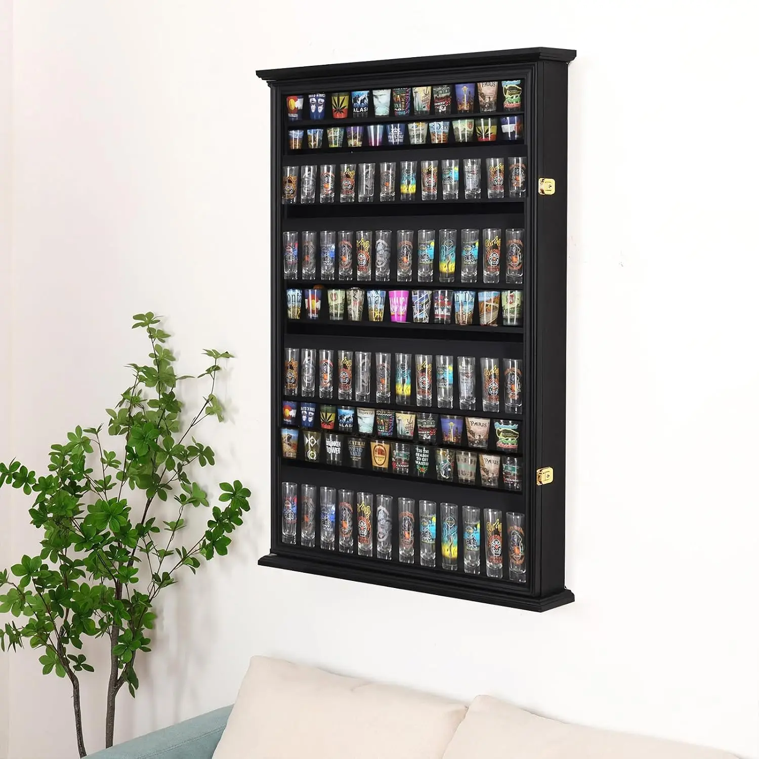 Solid Wood 144 Shot Glass Display Case Holder Cabinet Wall Curio Shadow Box for Action Figures Small Figurines Rack Lockable Doo