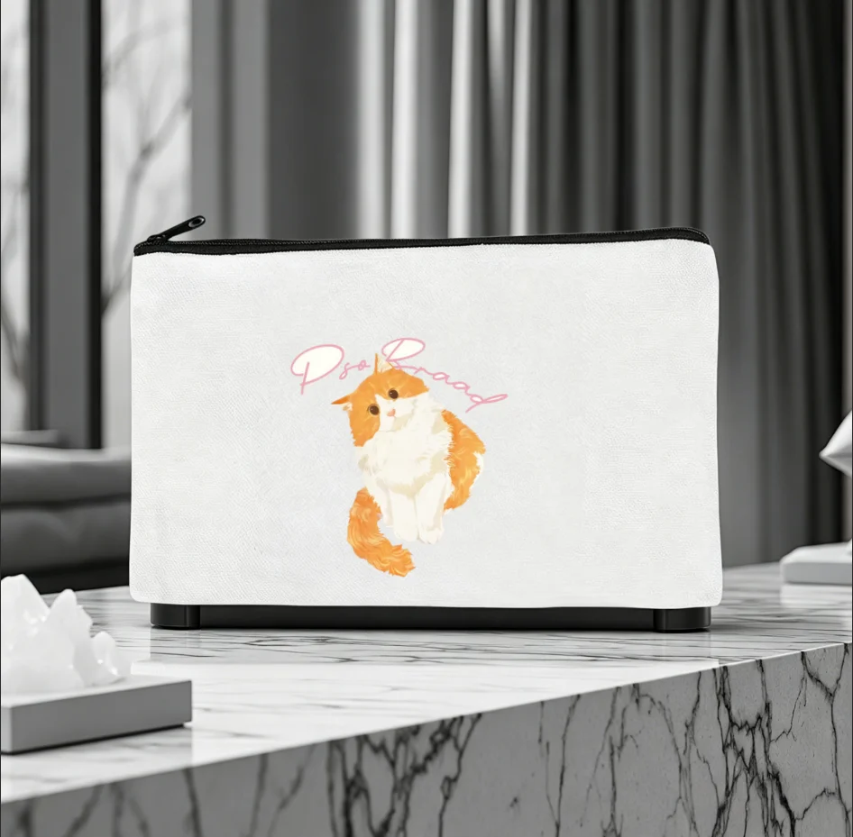 1PC Cute Fluffy Orange Cat Handwritten Script Canvas Zipper Pouch Travel Makeup Coin Stationery Storage Bag