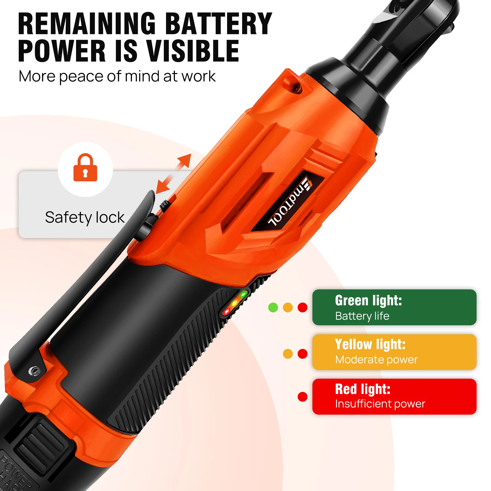 EMDTOOL 3/8 kabelloser rechtwinkliger elektrischer Ratschenschlüssel, 200 N m Drehmoment, LED-Arbeitsleuchte, 7-teiliges Steckschlüsselset, 2 Batterien im Lieferumfang enthalten