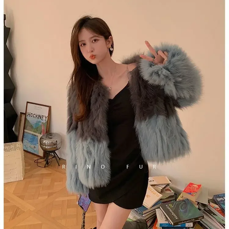 Faux Fox Fox Fur Splice Color Contrast Bomber Jacket Strips Sewed Fluffy Imitation Mink Fur Coat Furry Cardigan Hair Parkas Tops