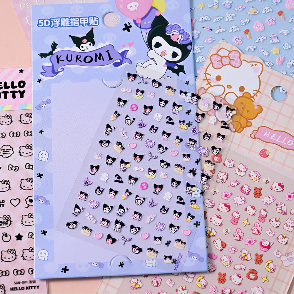 1Pc 5D Embossed Hello Kitty Kuromi Nail Stickers Kawaii Cartoon Cinnamoroll Nail Decals DIY Adhesive Slider Nails Art Decoration