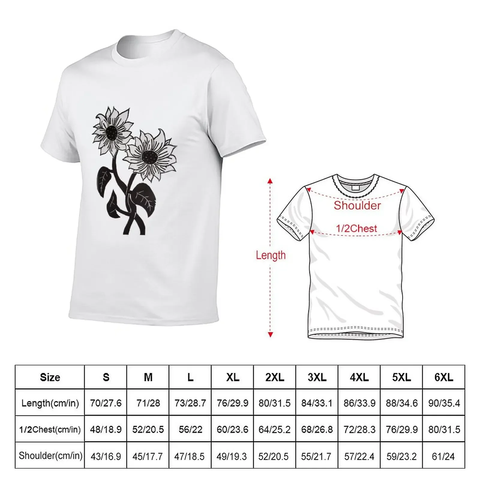 Sunflower Greyscale Linoleum Block Print T-Shirt custom t shirt Aesthetic clothing mens vintage t shirts