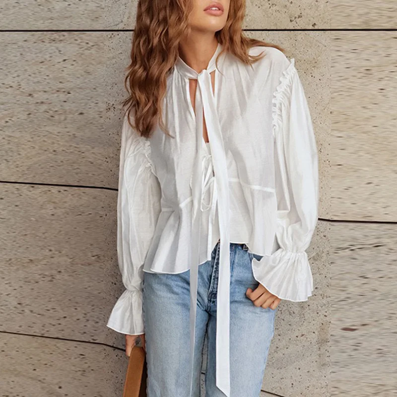 

2025 New Autumn Puff Sleeve Loose Pullover Women Casual High Street Solid Color Commuting Top Simple Lace Up Ruffle Design Tees