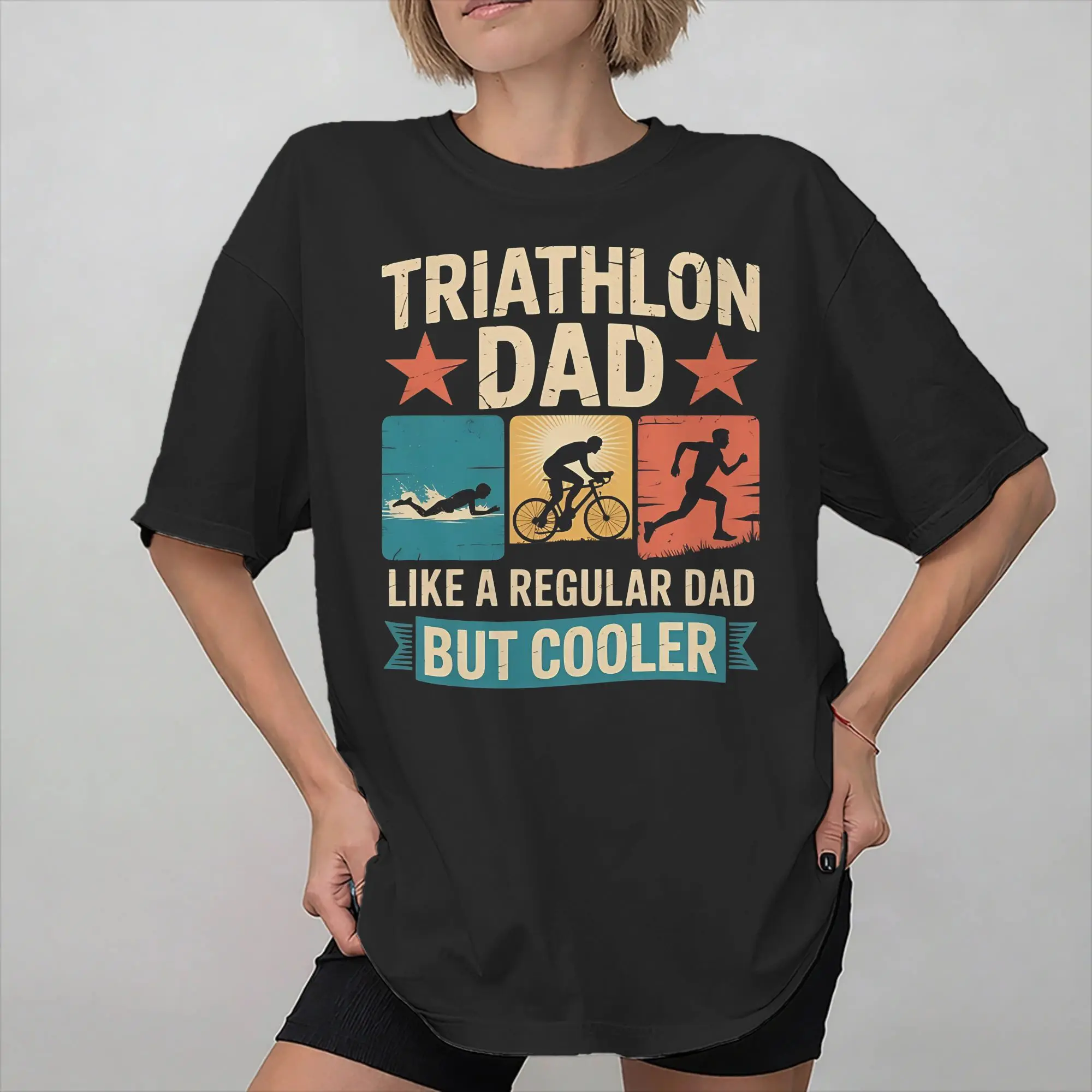 Men Women Print Triathlon Dad Swim Run Bike Father's Day  Tee T Shirt 100% Cotton  T-shirts Clothing