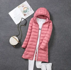 Lightweight Down Jacket for Women Long White Duck Down Korean Version Lightweight Jacket with Detachable Cap