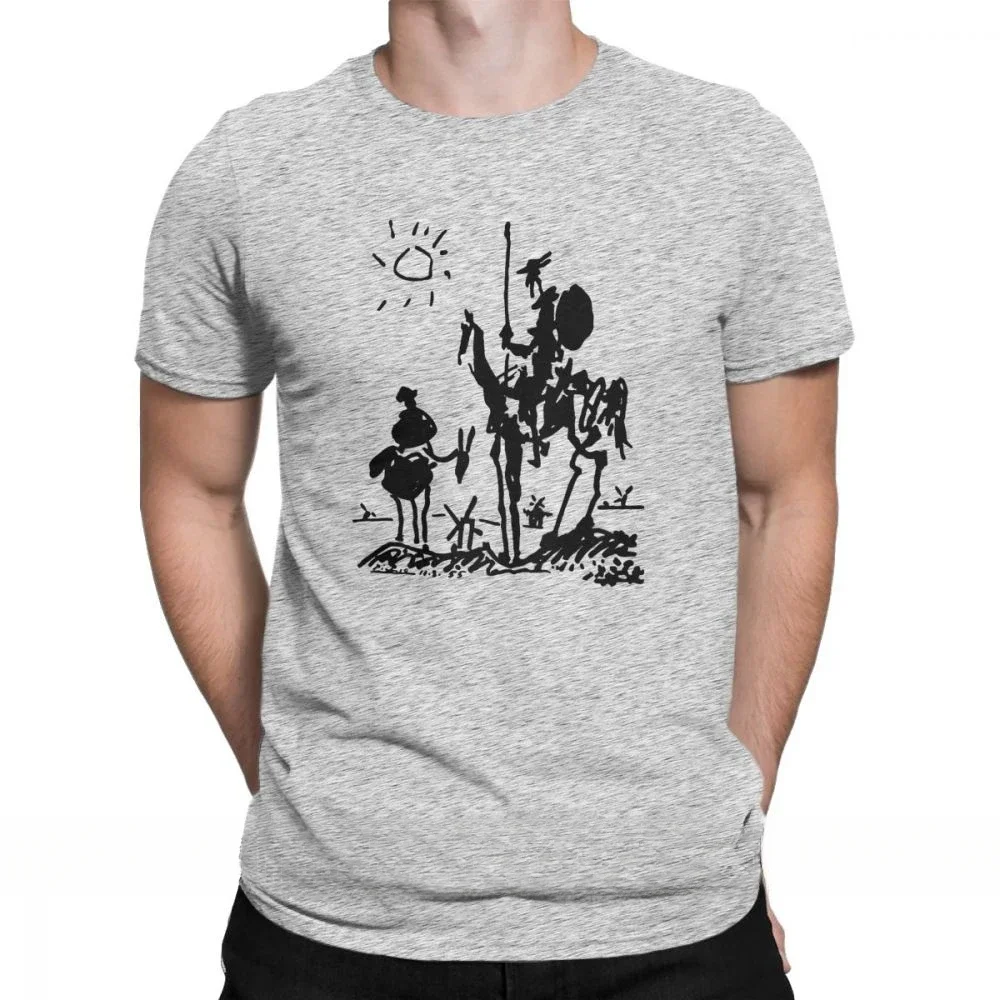 Men Round Neck 100% Cotton Short Sleeve Tee Summer Clothes Crewneck Funny anime Picasso Art Painting Don Quixote Knight T-Shirt