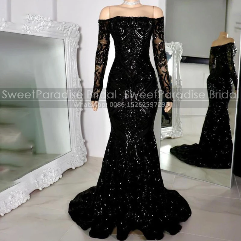 Black Sequined Trumpet Evening Dress Customized Transparent Long Sleeves Mermaid Boat Neck Formal Party Dresses For Women