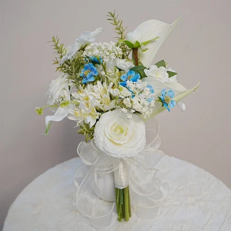 ins wind white and blue bride bouquet Korean wedding certificate photo simulation bouquet props decorative ornament fake flower