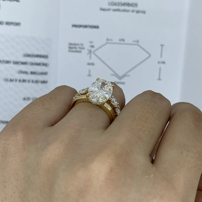 Zestawy pierścionków z 14-karatowego żółtego złota owalny krój 4CT DEF Lab Grown Diamond Engagement Ring CVD HPHT Lab Diamond Engagement Ring Halo Rings IGI — zdjęcie 4