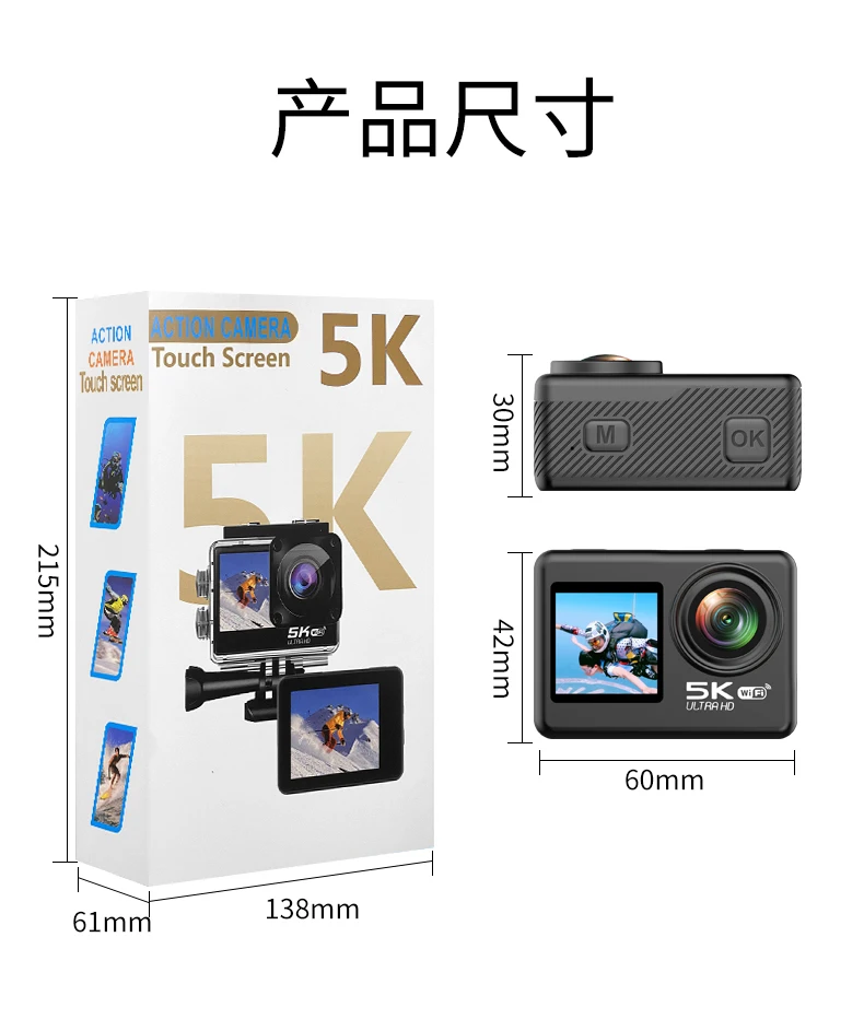 5K Sports Camera 30fps Front N Rear Two-color Screen Wifi Video Selfie EIS Anti-shake IP68 30m Waterproof Sports Action Camera