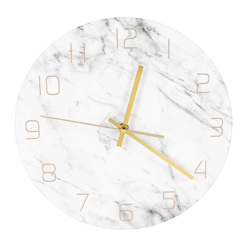 ●Quartz Analog Quiet Marble Wall Clock 3D Chic White Marble Print Modern Round Wall Watch Nordic Creativity Home Decor