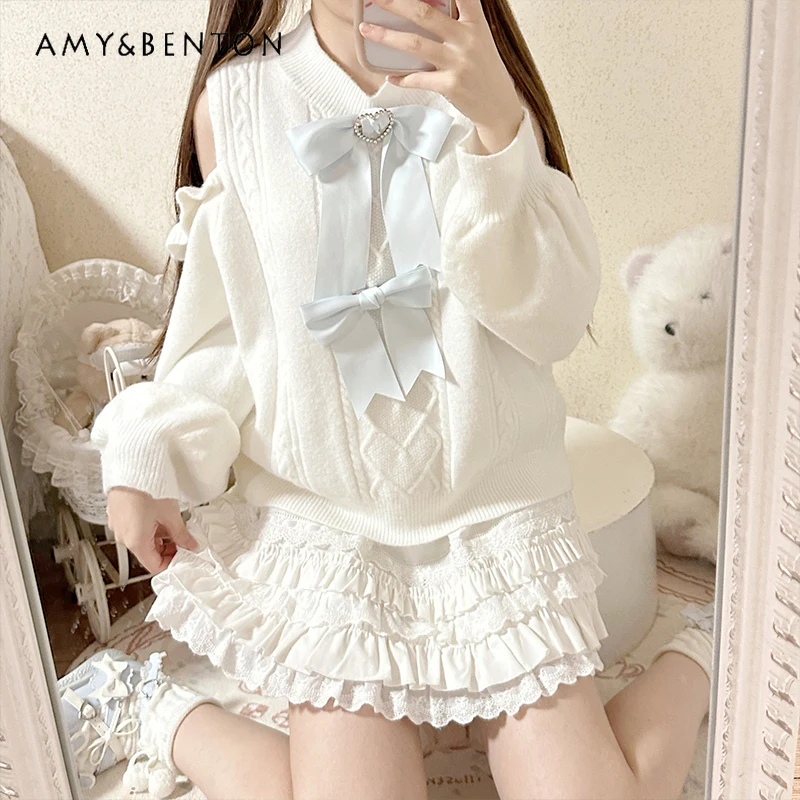 Original Japanese Sweet Cute Off-the-shoulder Mid-length Sweater Autumn Winter Mine Series Production Lolita Plush Sweater Women