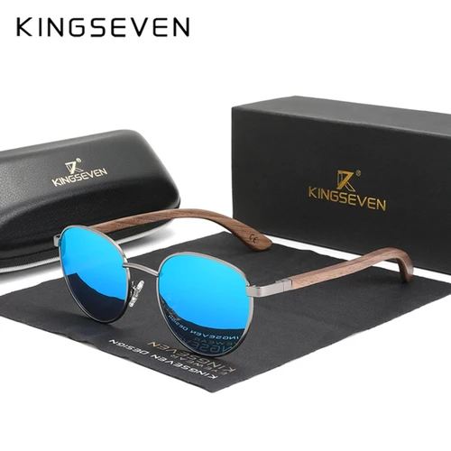 Imagen 2 del producto KINGSEVEN nuevas gafas de sol polarizadas de madera para hombres y mujeres UV400, gafas redondas de aleación con montura fina para exteriores, gafas de lujo de nogal Summur