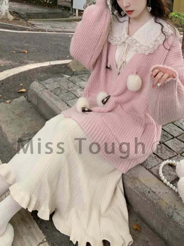 Autumn Sweet Kawaii Knitted Cardigan Women Pink Korean Vintage Sweater Autumn 2022 Single-breasted V-neck Loose Cardigan Female