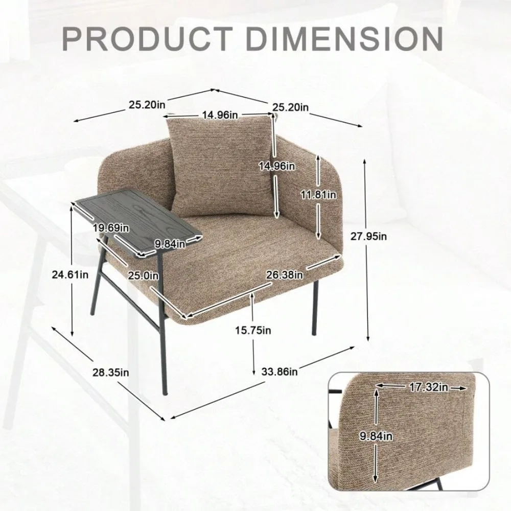 Leisure Chair with Small Table and Back Pillow, Modern Upholstered Single Sofa with Metal Legs and Side Pockets, Lounge Chair for Living Room Bedroom Garden, Compact Accent Seating with Cushion - view 6