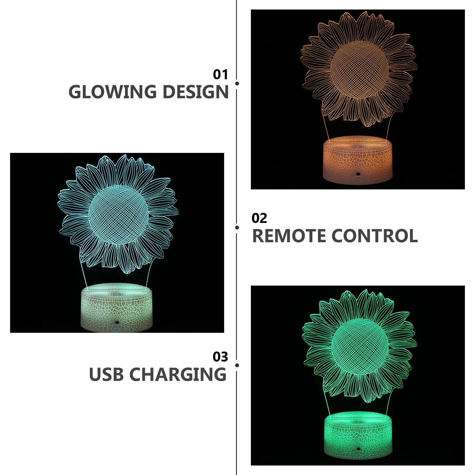Sunflower Night Light Acrylic Touch LED Kids Lamp Colorful Remote Table Decor Timing USB Battery Operated Small Night