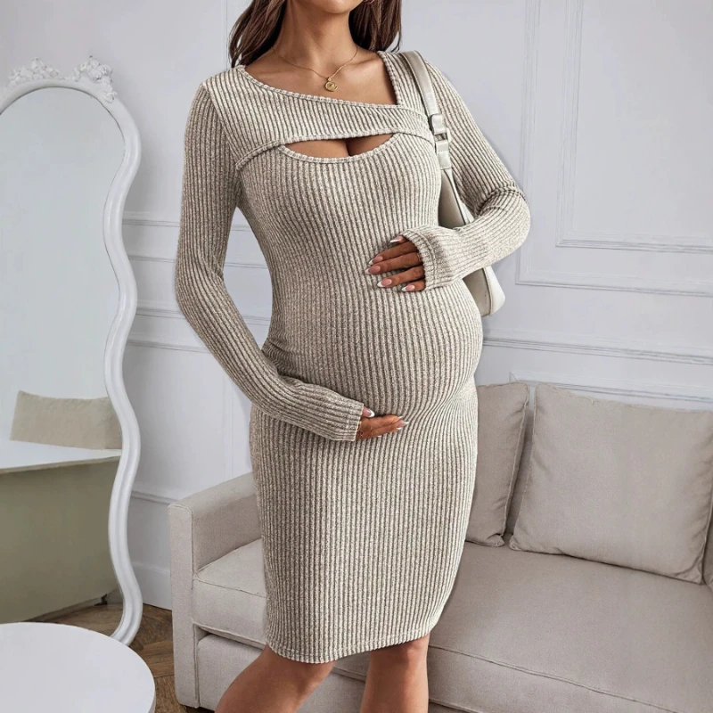 Pregnant Women's Long Sleeved Dress With Hollowed Out Slimming and Hip Hugging Skirt Stretch Knit Bottom Skirt During Pregnancy