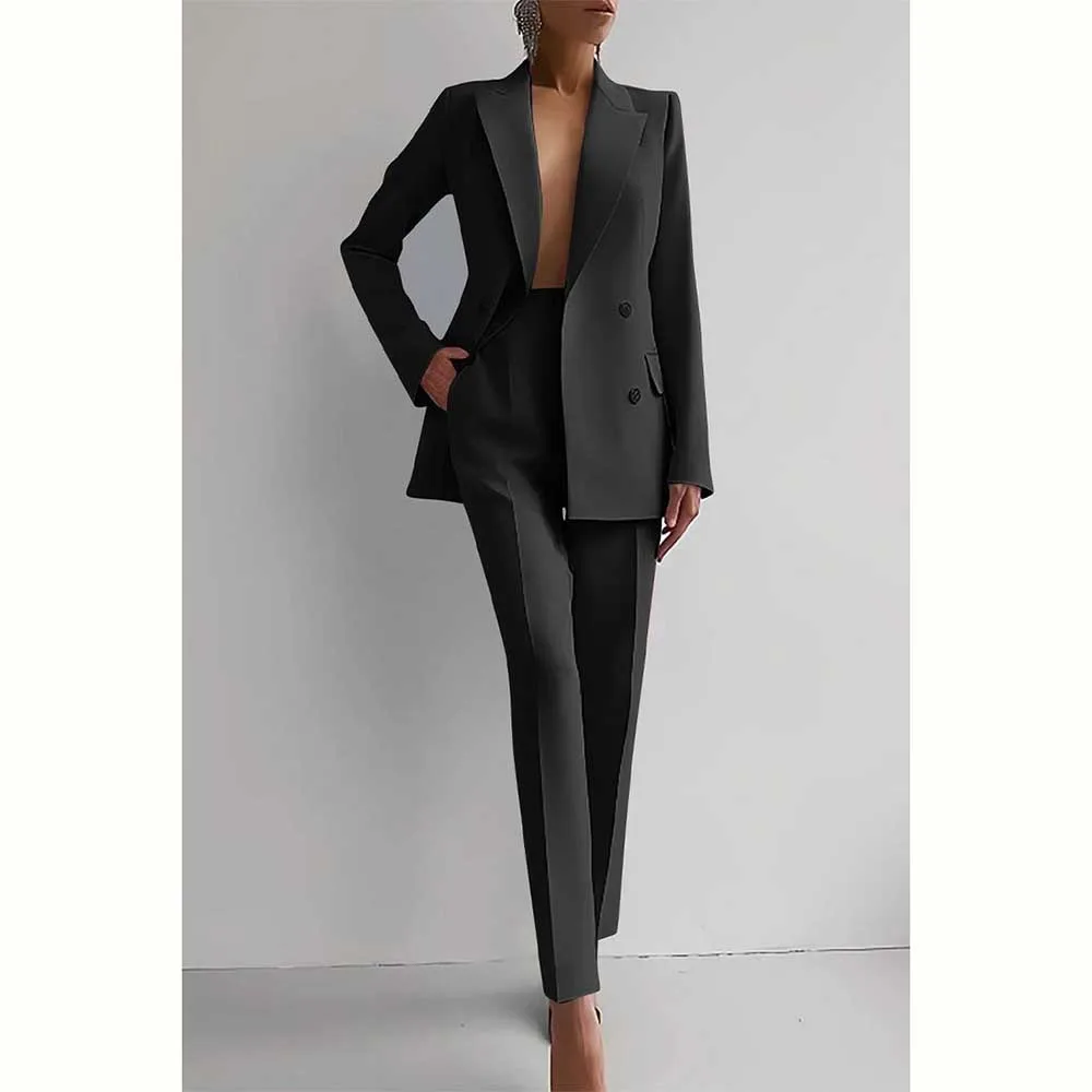 Elegant Suit for Women Double Breasted Notch Lapel 2 Piece Jacket Pants Female Clothing Fashion Office Lady Slim Fit Blazer Set