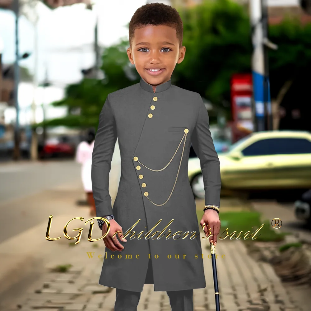 Children aged 3~16 years old, African style single-row gold button jacket and trousers 2-piece customized long suit